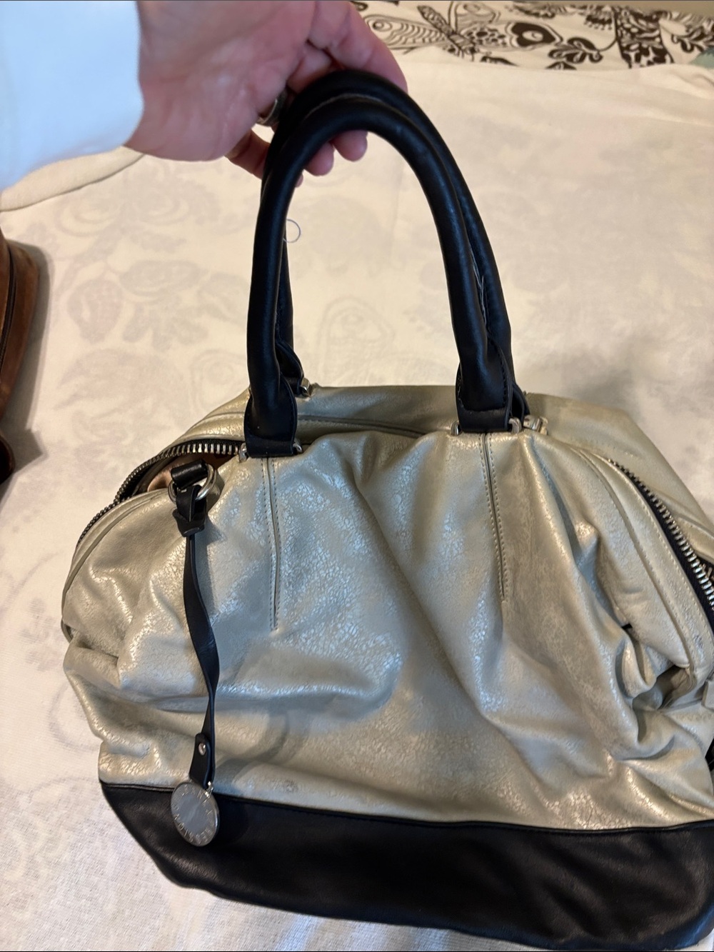Women’s Two-Tone Metallic Cream and Black Satchel Handbag
